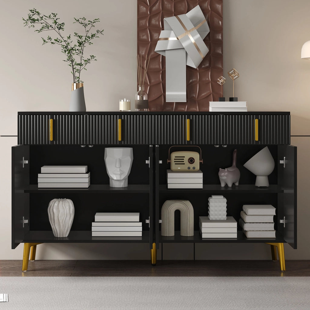 Sideboard con 4 ante e 4 cassetti; ripiani regolabili; 140x38x82 cm; nero