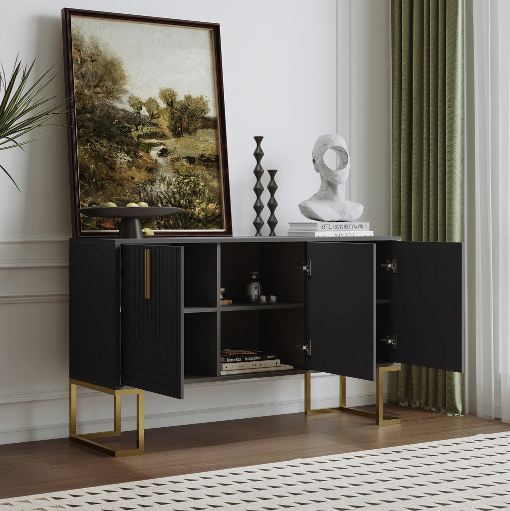 Credenza moderna a 3 ante con ripiani regolabili e base in metallo; MDF nero