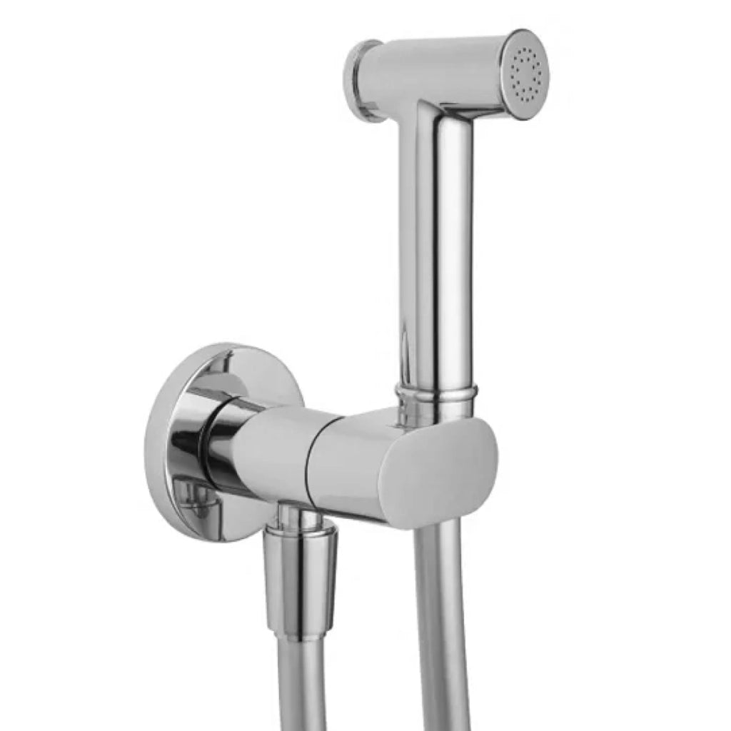 IDROGETTO/IDROSCOPINO BIDET A PARETE TONDO IN OTTONE CROMATO CON RUBINETTO D'ARRESTO,SUPPORTO E DOCC - ATTACCO FLESSSIBILE 1/2 - CM 90 - FINITURA CROMATA