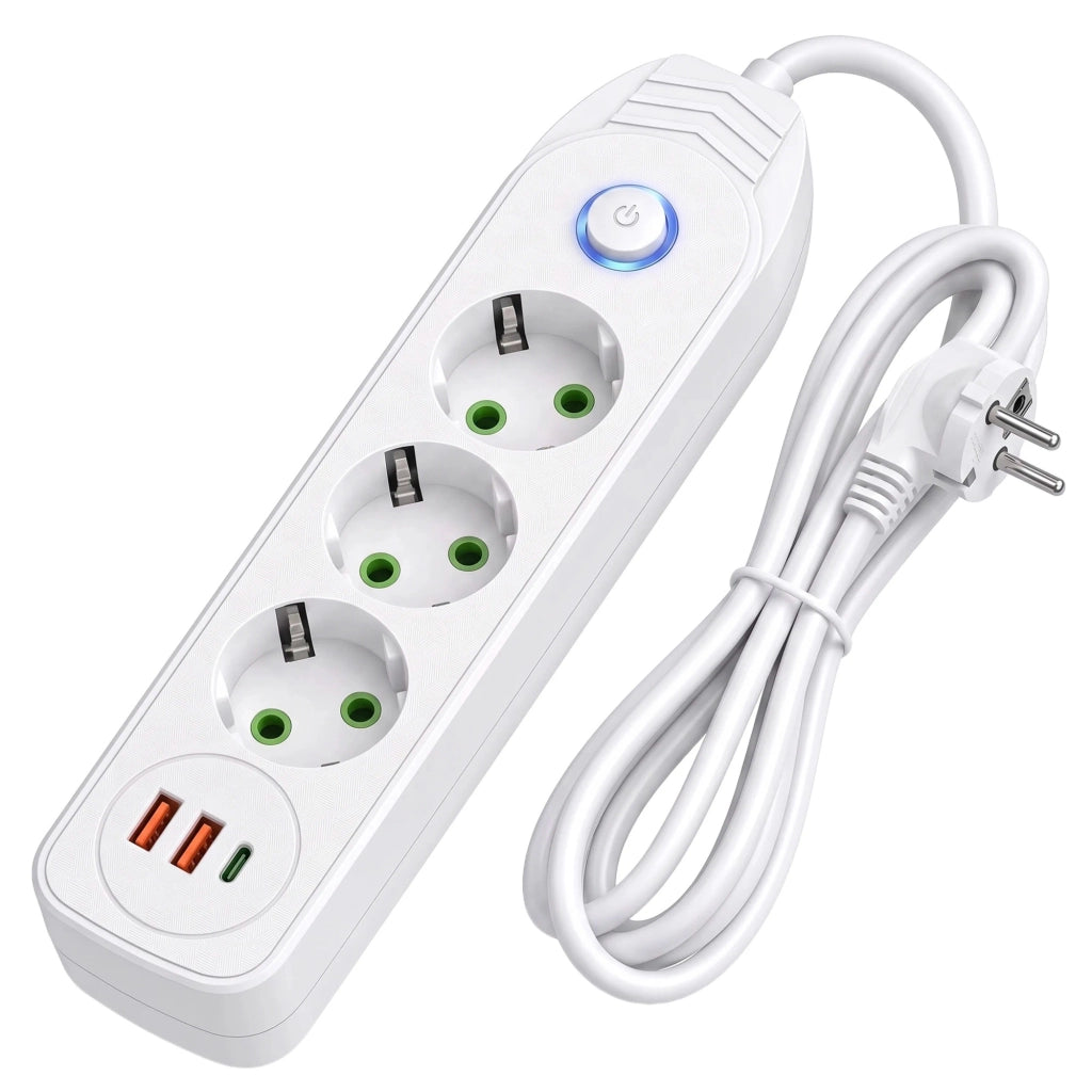 Multipresa Con Prolunga, 3 Prese + 2 Porte Usb-a + Usb-c Jnh024-3b White
