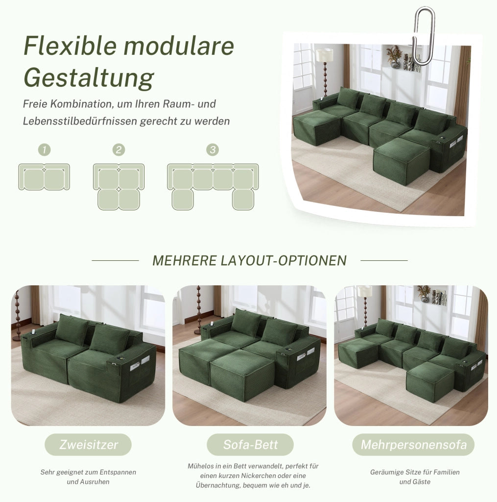 DIVANO modulare 4 posti in corduroy verde con 2 pouf
