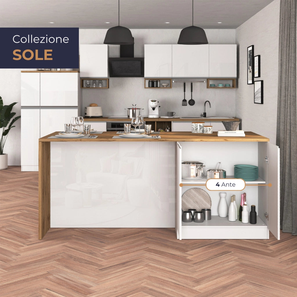 WHOUS Isola da cucina Sole a 4 ante bianco lucido e rovere 200x90x90 cm