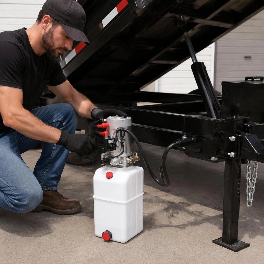 6 Quart Hydraulic Power Unit, Single Acting Dump Trailer Pump, 3200 PSI Max Relief Pressure & 0.91 GPM Flow Rate, DC 12V Hydraulic Pump With Metal Reservoir For Dump Trailer Car Lifting, White