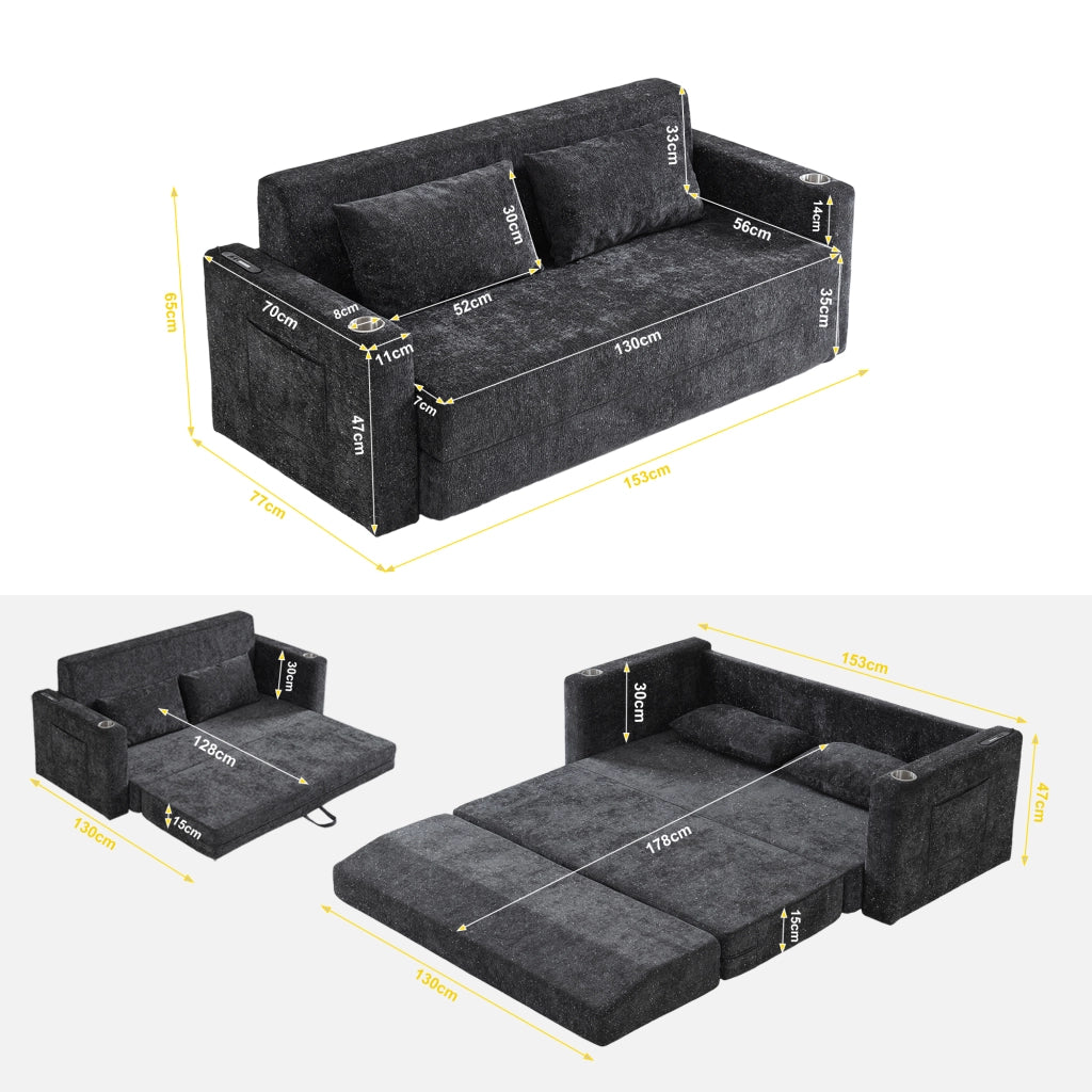 Divano letto pieghevole 2 posti 2 in 1 in ciniglia nero e grigio con USB