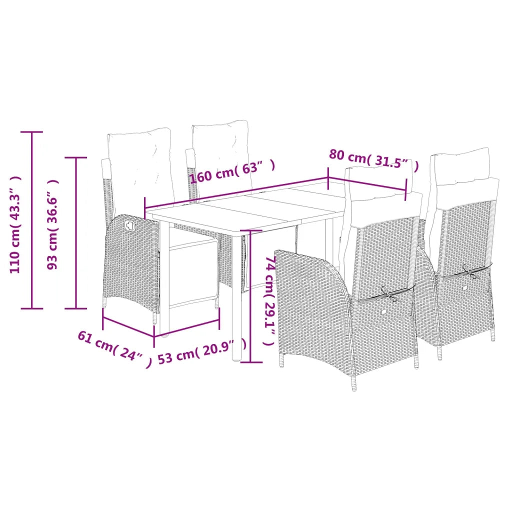 Set da Pranzo da Giardino 5 pz Nero con Cuscini in Polyrattan 3213402