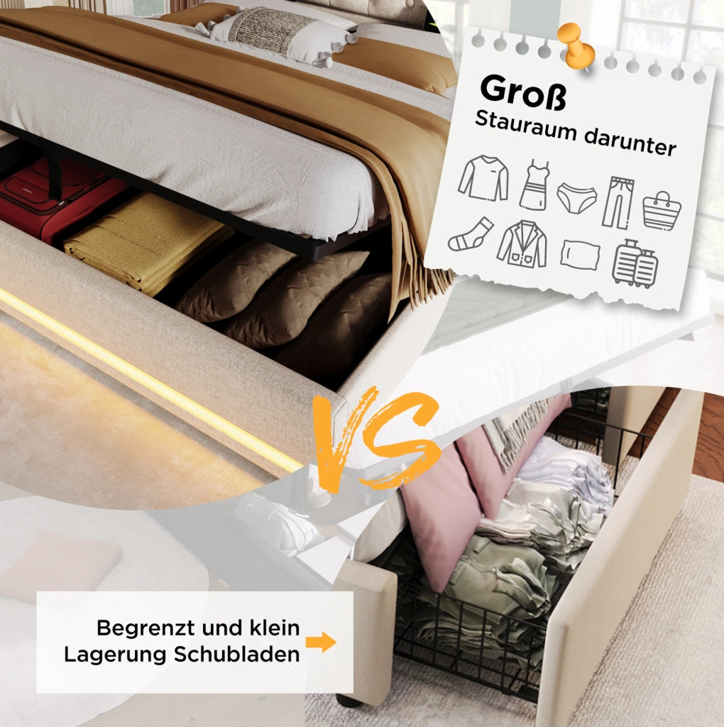 LETTO Contenitore 180x200 cm Cotone Beige con USB e LED