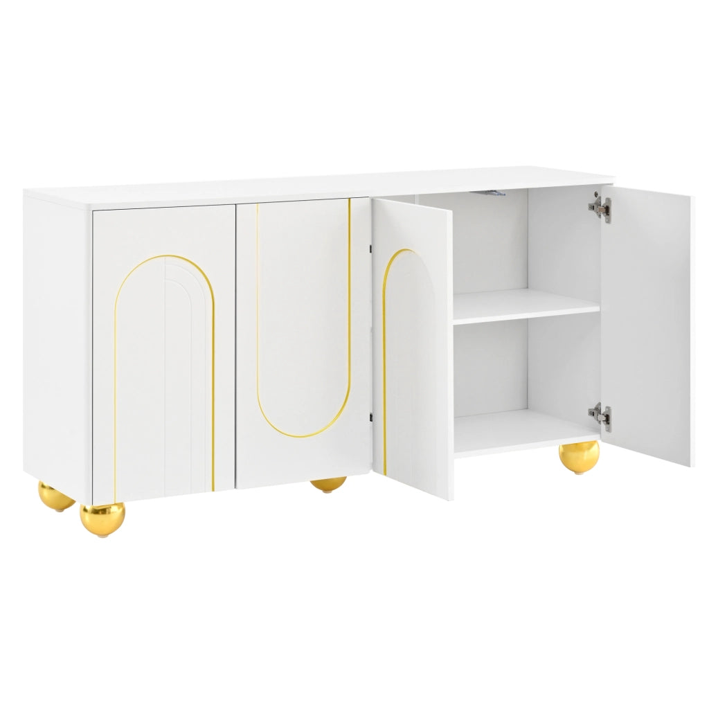 Credenza ULEVR 140x40x74 cm con 4 ante, ripiani interni e decoro ad arco dorato, bianca
