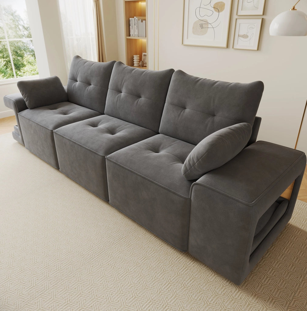 SOFÀ 3 POSTI 229,5x78x84 cm Velluto Grigio con 2 cuscini e vani portaoggetti