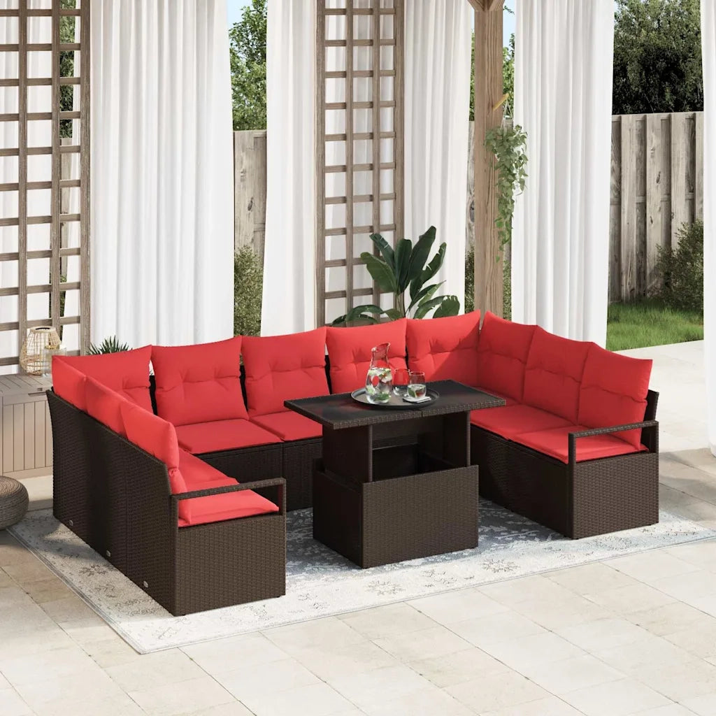 Set Divano da Giardino 10 pcs Marrone e Rosso Poly Rattan 3348890