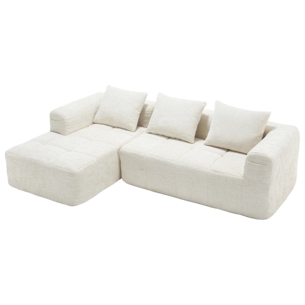 Divano modulare a L in chenille beige con chaise longue, 3 cuscini e tasche laterali