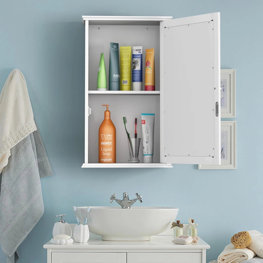 Armadio a Specchio da Bagno a 2 Ripiani, Armadietto Mobiletto per Bagno da Muro, Mensola Regolabile, 34 x 15 x 51cm (Bianco)