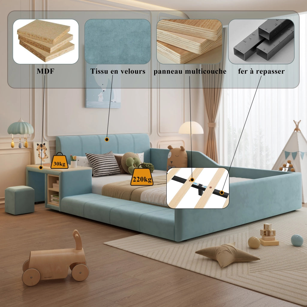 Letto 140 x 200 cm con scrivania e pouf, cassetti, velluto blu, camera per bambini