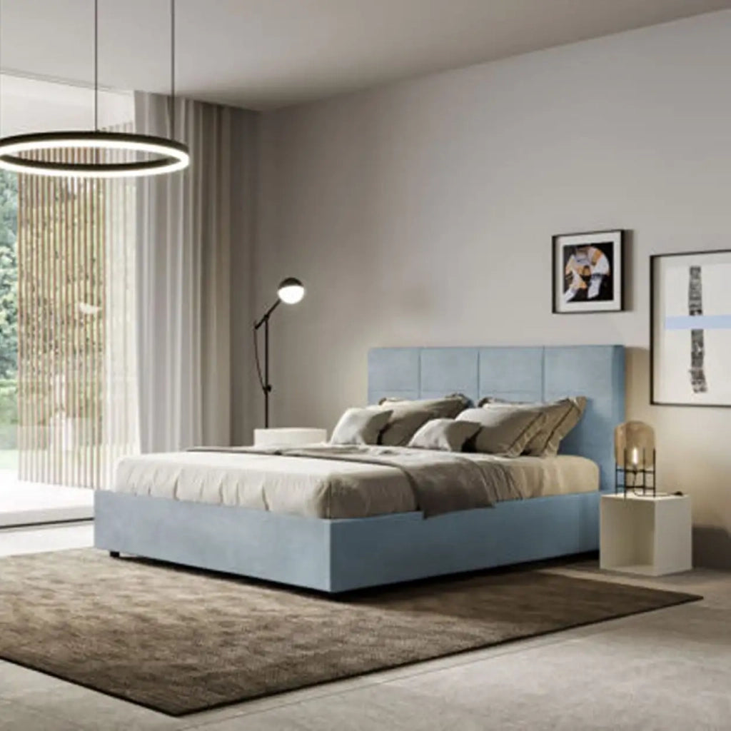 Letto matrimoniale con rete imbottito 160x190 microfibra azzurro Mika