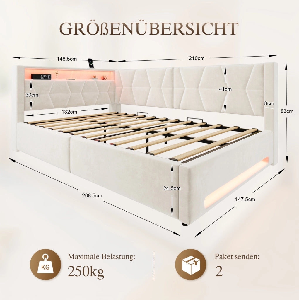 Letto imbottito 140x200 cm in velluto beige con contenitore, LED, USB e Type-C