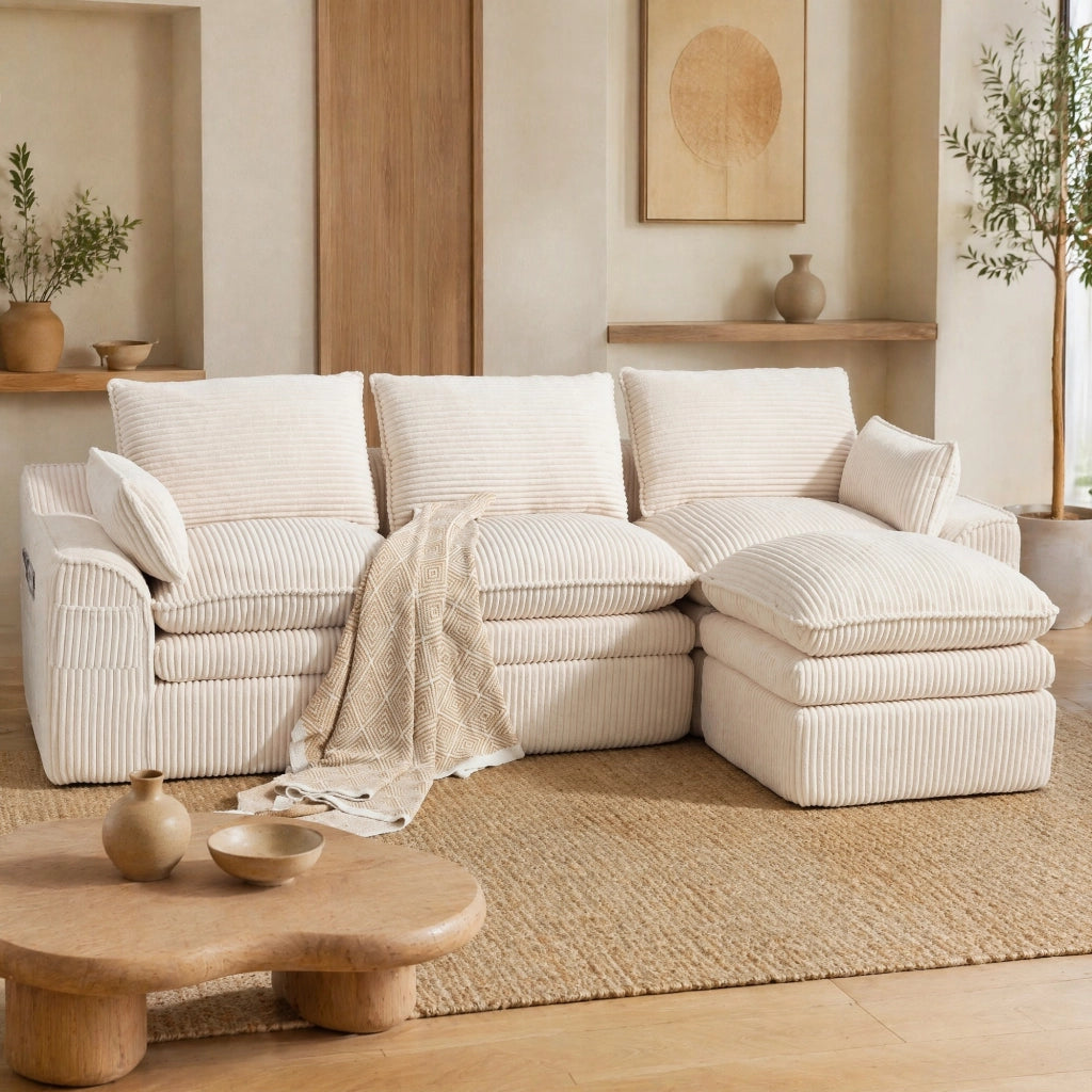 Divano modulare 3 posti in corduroy beige con pouf, tasche laterali e cuscini