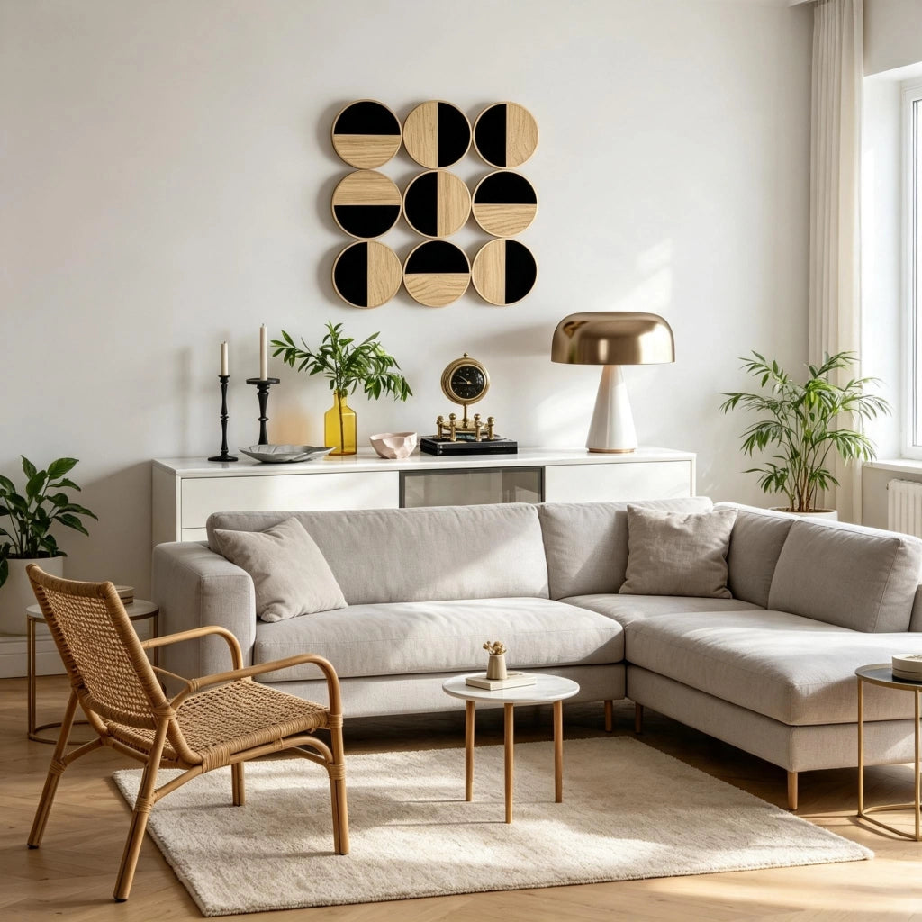 Desviae Decorazione da parete 3D a nove riquadri in MDF, metallo e plastica nero e naturale 60 × 3,8 × 60 cm