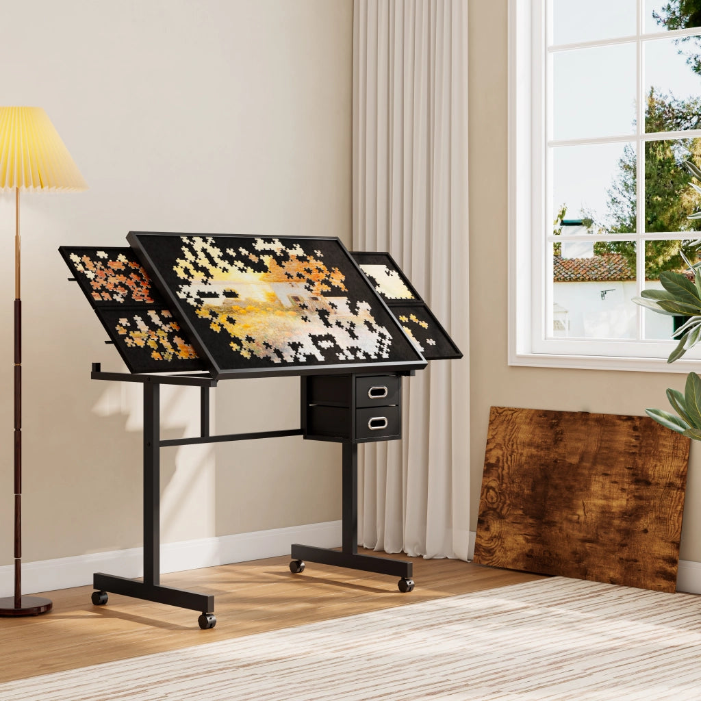 Tavolo per puzzle fino a 1000 pezzi con copertura in legno; 4 ruote; 6 cassetti e piano nero in MDF e metallo