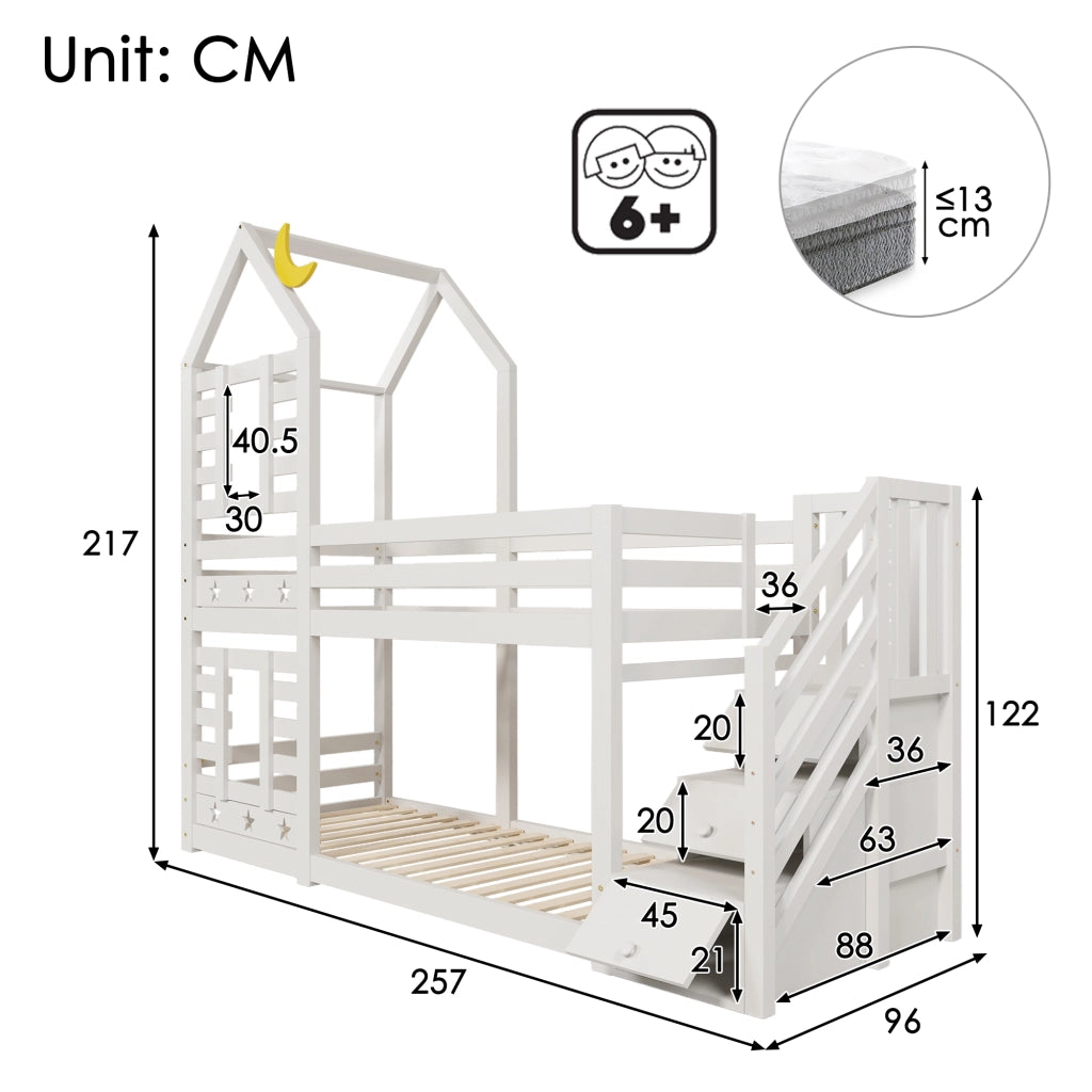 Letto a castello per bambini 90x200 cm a forma di casetta bianco
