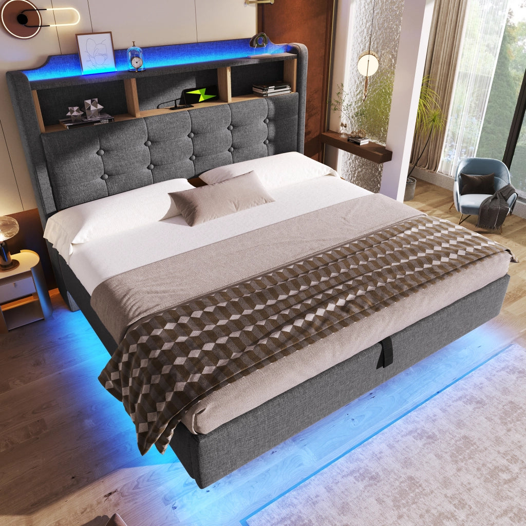 Letto imbottito 140 ¡Á 200 cm con vano idraulico LED USB e tipo C in lino e MDF grigio