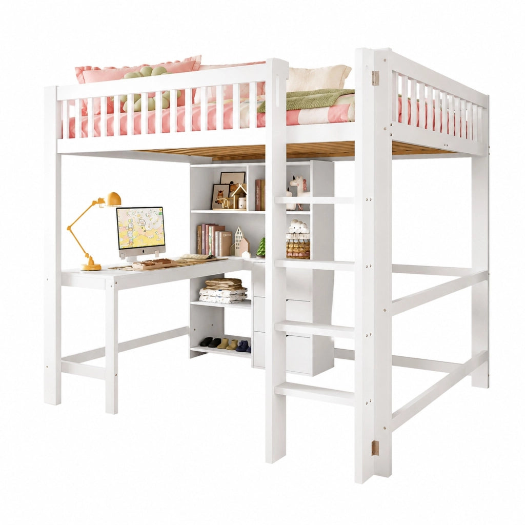 Letto a soppalco 140 ¡Á 200 cm con scaffali; scala con contenitore; LED multicolore; metallo e MDF nero