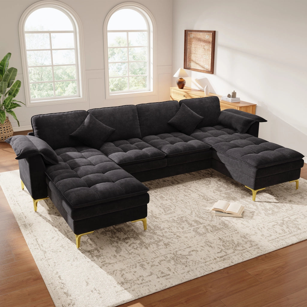 Divano angolare modulare a U 262x134 cm 4-5 posti in chenille nero con 2 cuscini