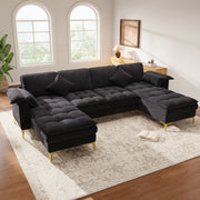 Divano angolare modulare a U 262x134 cm 4-5 posti in chenille nero con 2 cuscini