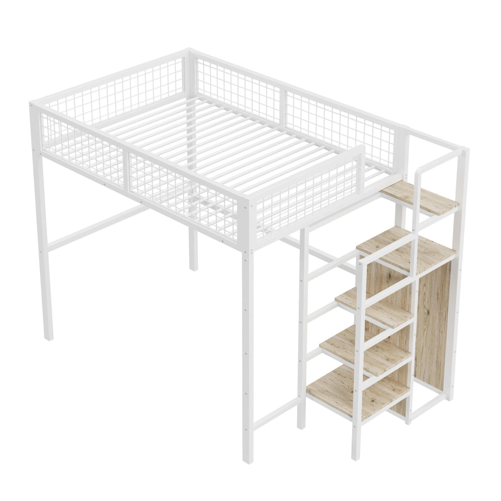 Letto a soppalco 140x200 cm con scala e armadio; bianco
