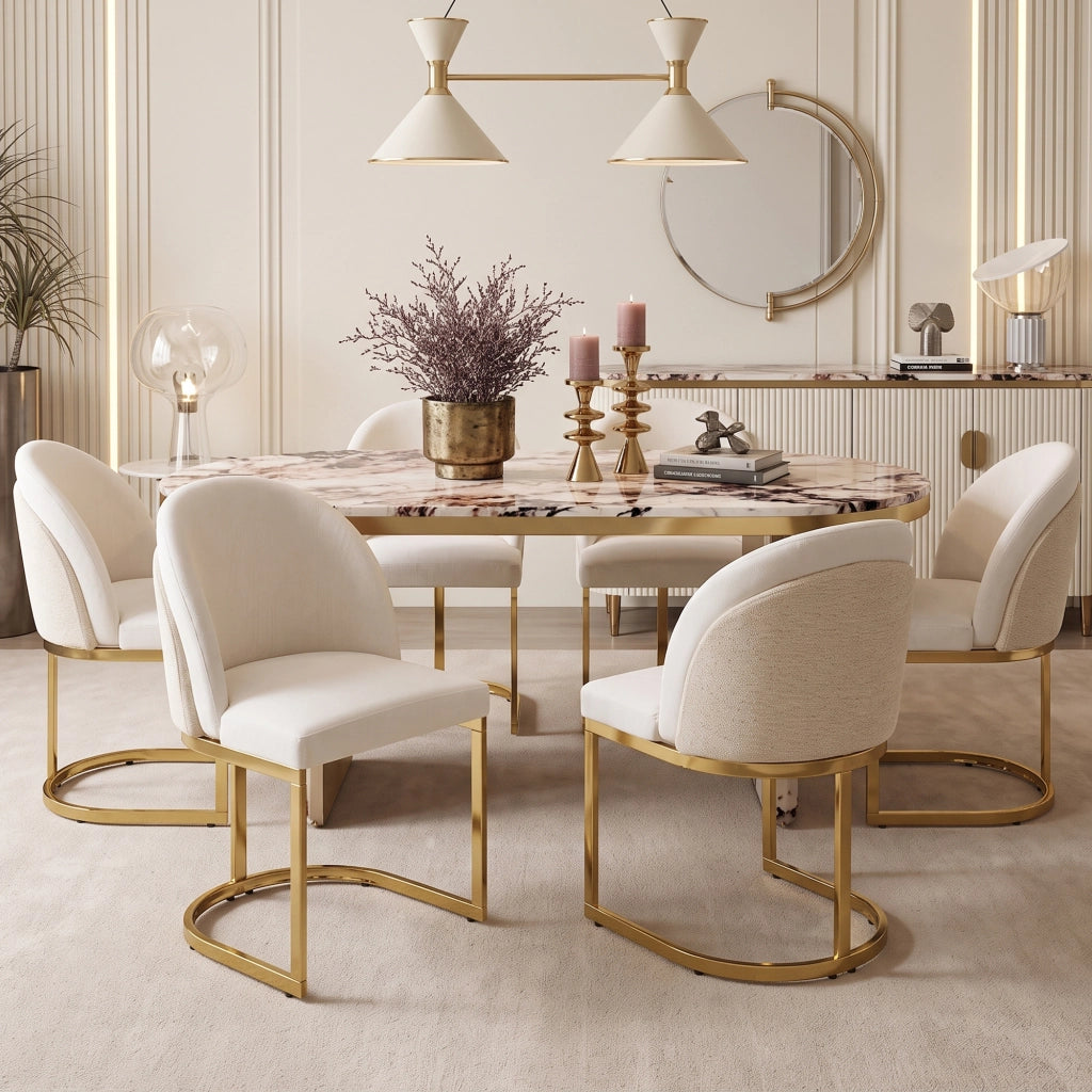 6 sedie da sala da pranzo con doppio schienale e gambe in metallo galvanizzato, stile moderno, in ciniglia beige e oro