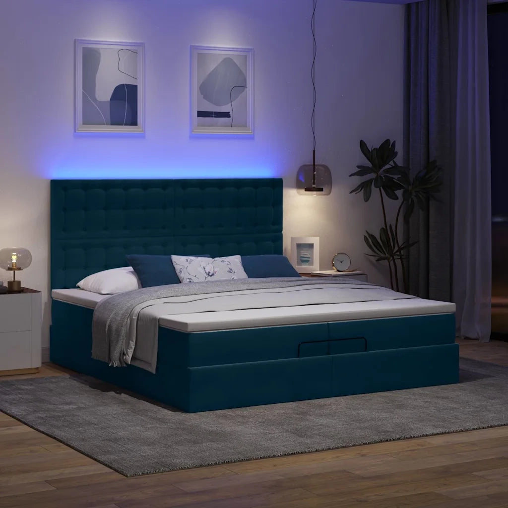 Pouf Letto con Materassi e LED Blu Scuro 200x200cm Velluto 3314490