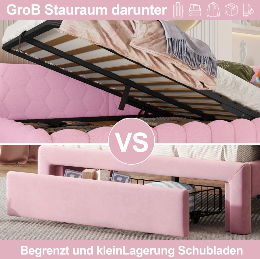Letto daybed 140x200 cm con contenitore, LED, USB e Type-C, rosa