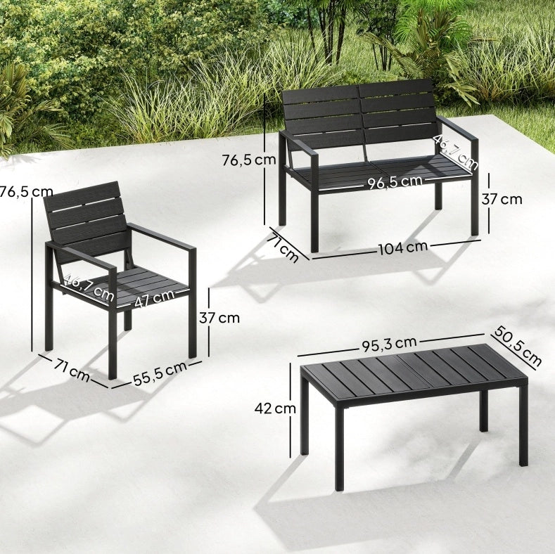 Set da giardino per 4 persone con divano 2 posti, 2 poltrone e tavolino in HDPE nero