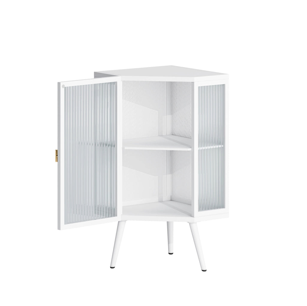 Mobile angolare 80 cm con anta e ripiani in metallo e vetro temperato bianco