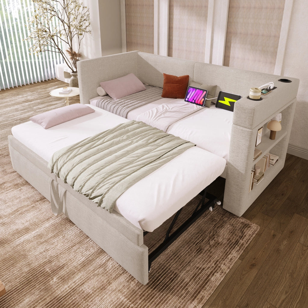 Divano letto singolo 90x200 cm beige con letto estraibile