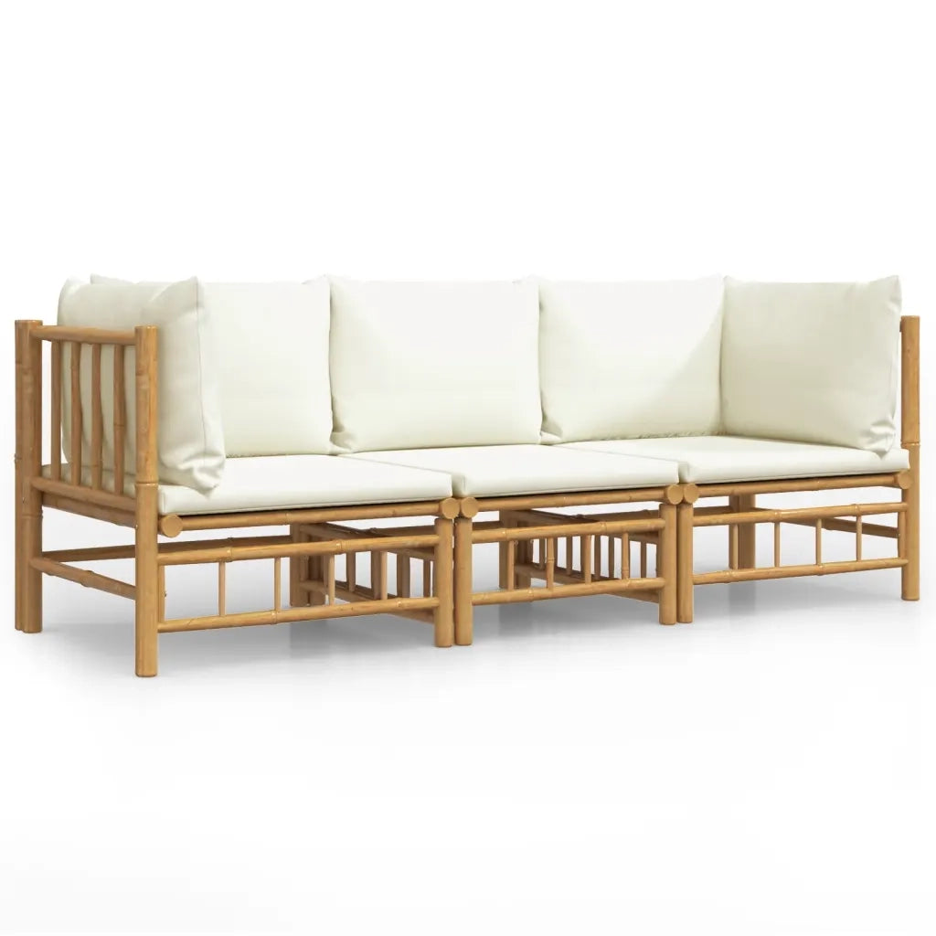 Set Salotto da Giardino 3pz con Cuscini Bianco Crema in Bambù 3155183