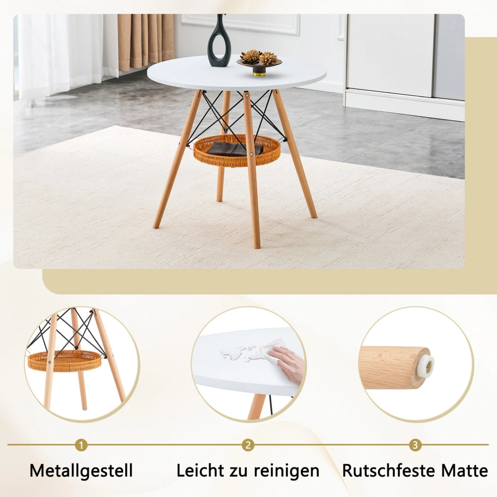 Tavolo da pranzo rotondo Ø80 cm bianco con cesto sospeso
