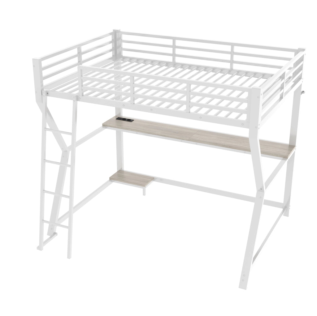 Letto a soppalco 90x200 cm con scrivania; LED e prese USB in metallo e MDF