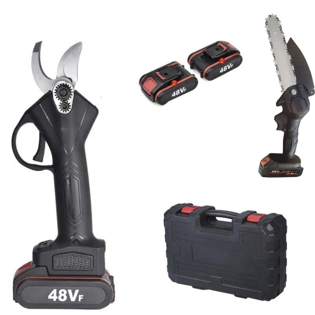 KIT 2 FORBICE A BATTERIA DA POTATURA E MOTOSEGA 4" VALIGIA CESOIA 48V 2 BATTERIE