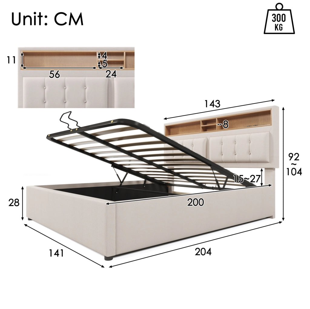 LETTO Contenitore 140x200 cm in lino beige con testiera regolabile e USB