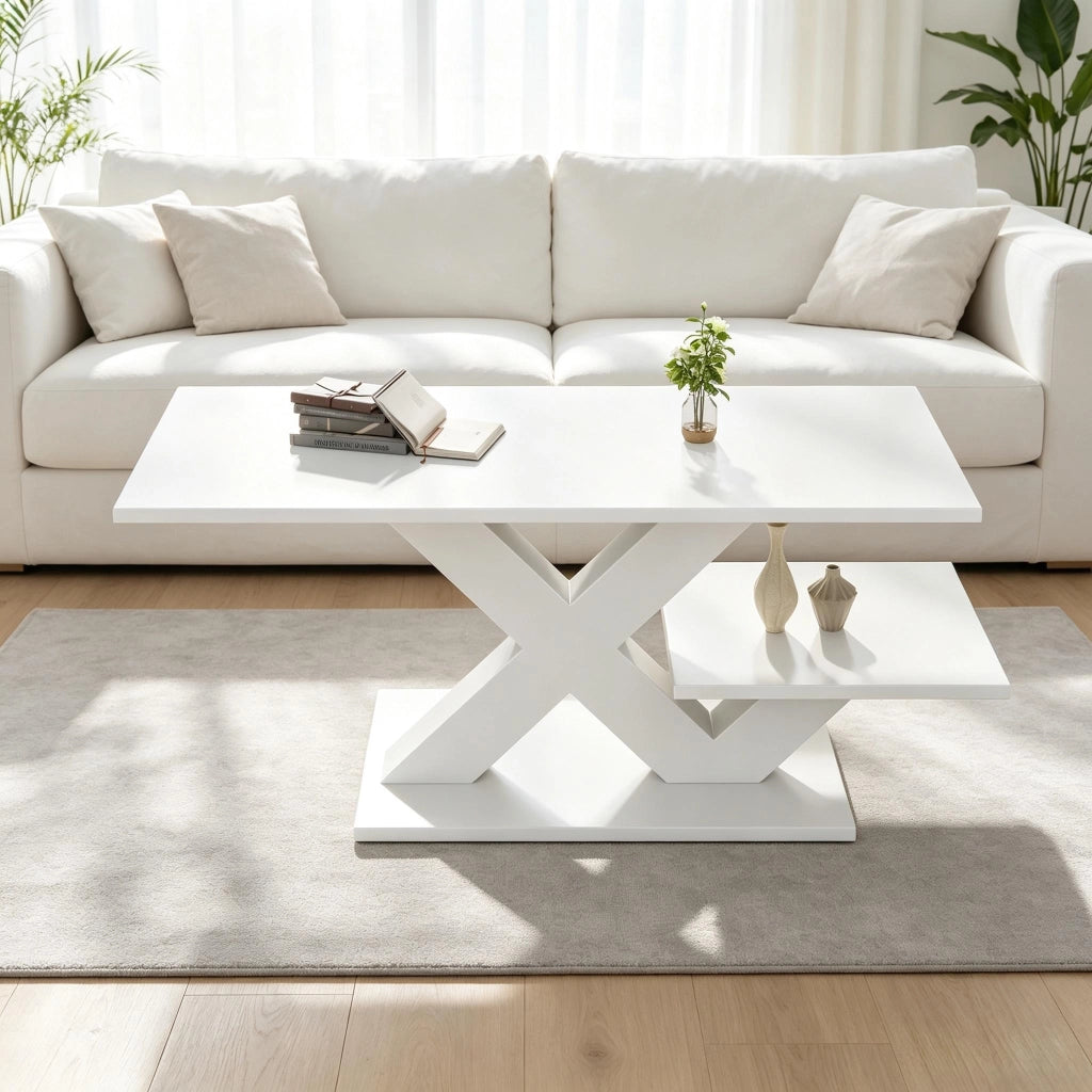 Tavolino da Salotto Bianco Lucido Rettangolare 100x48x45 cm in MDF con Doppio Piano
