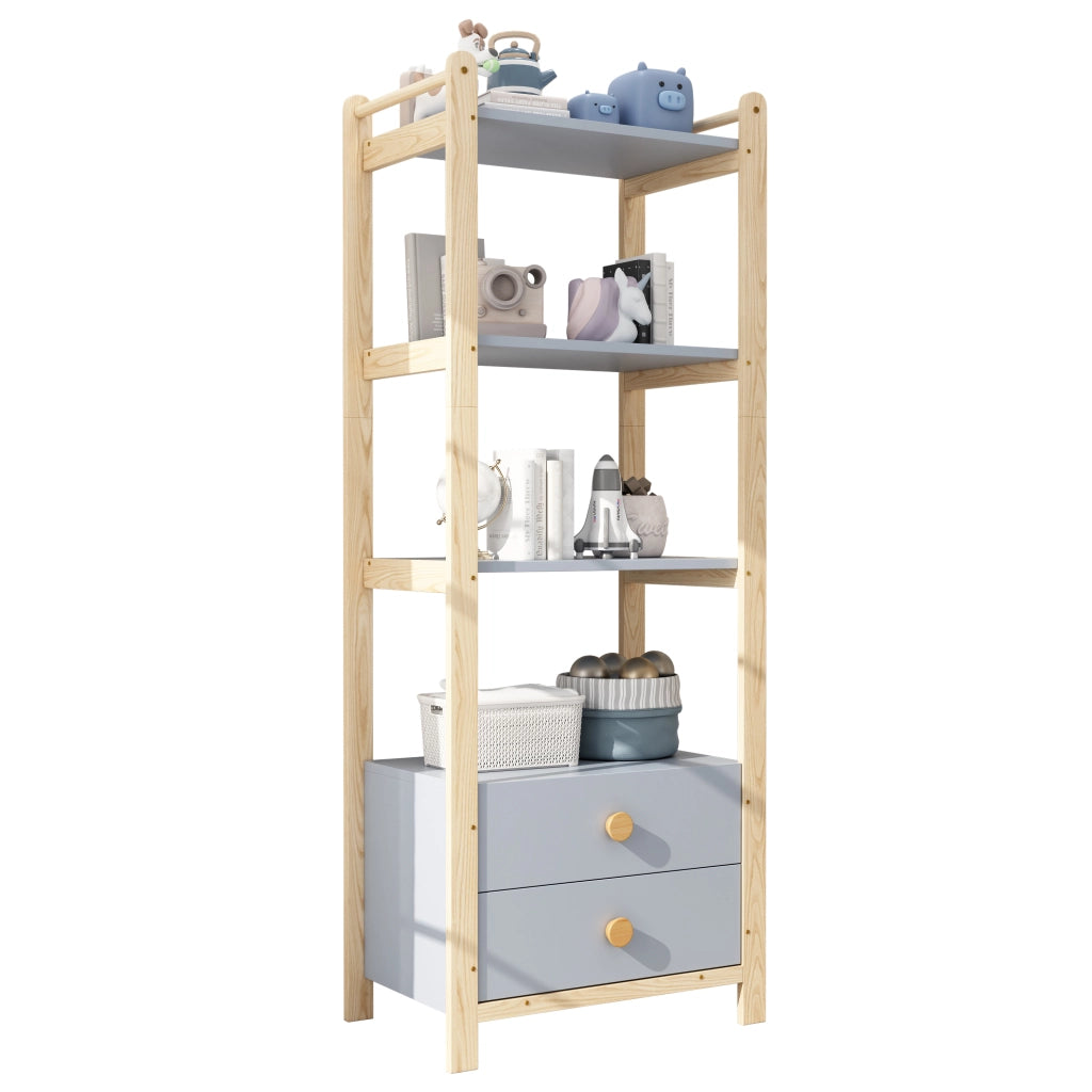 Set guardaroba e scaffale con appendiabiti 4 ripiani aperti e 4 cassetti in legno e MDF blu e naturale