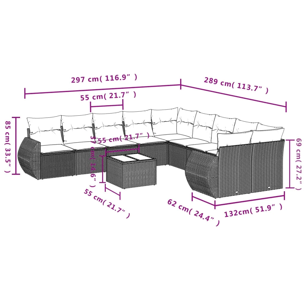 Set Divani da Giardino 11 pz con Cuscini in Polyrattan Grigio 3221919
