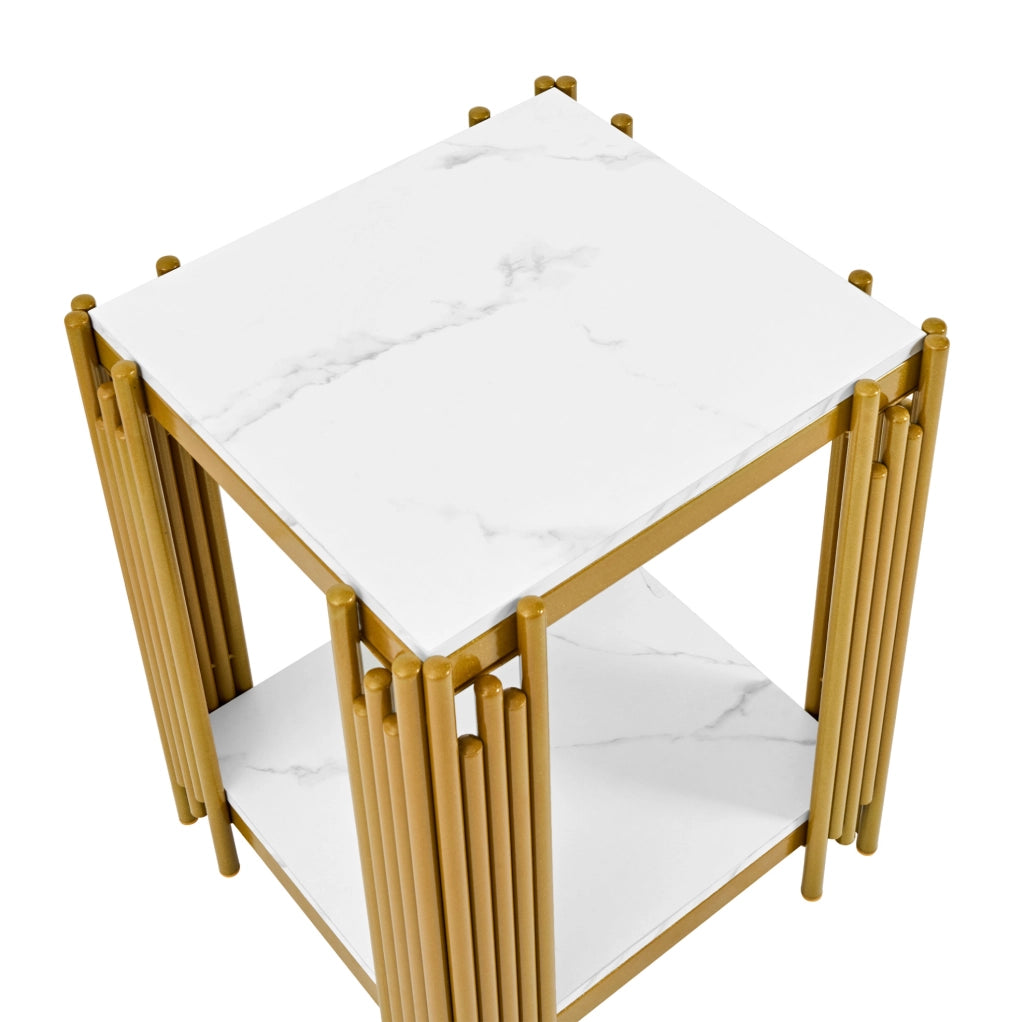 Tavolino con 2 ripiani in MDF effetto marmo bianco e oro