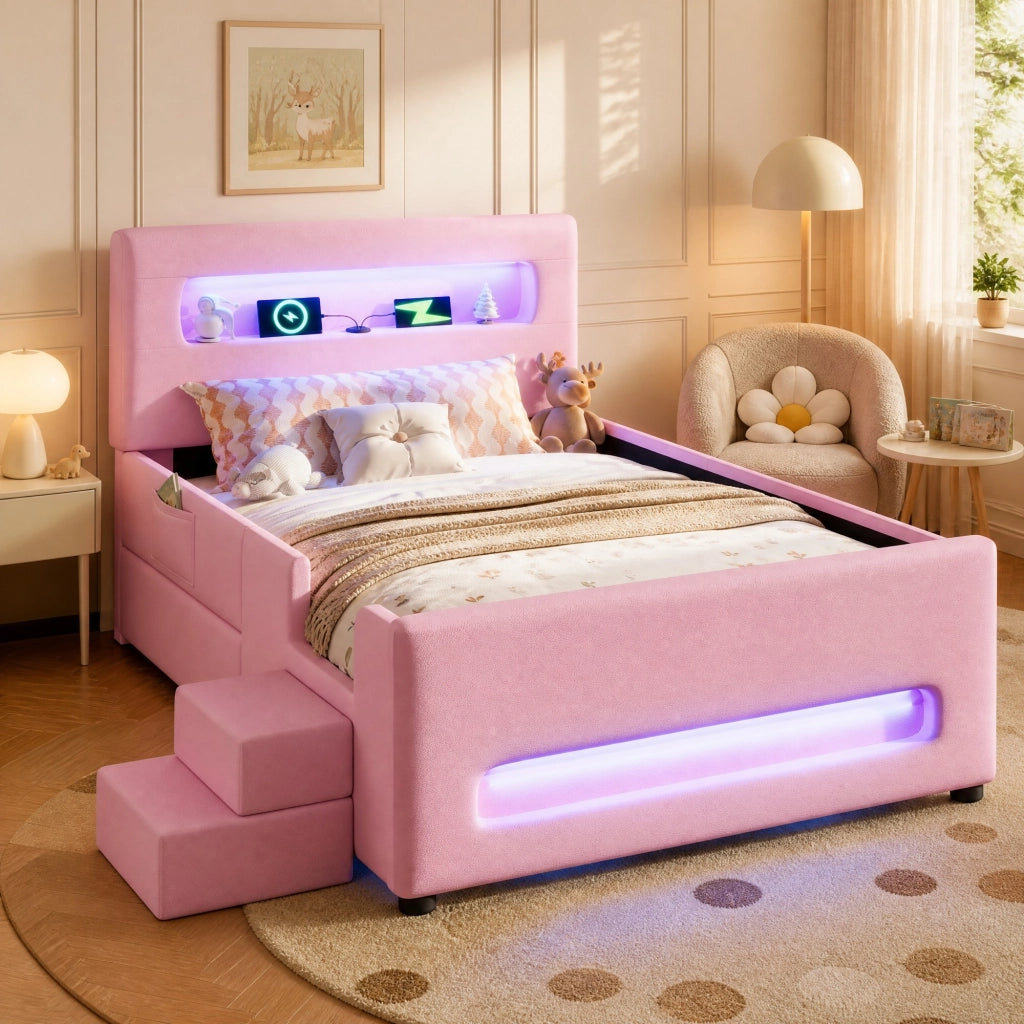Letto con cassetti 90 × 200 cm imbottito con scala e LED in PU e MDF rosa