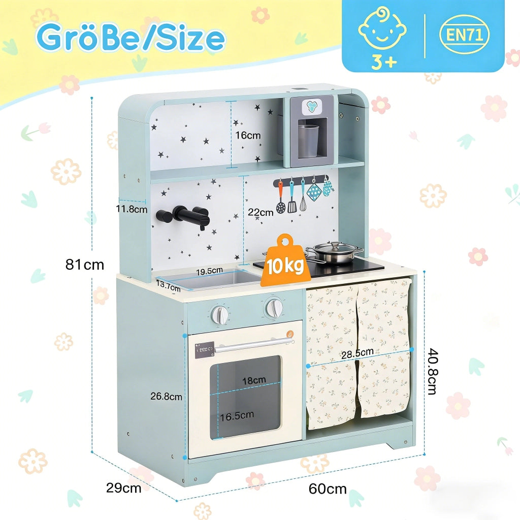 Cucina giocattolo per bambini con distributore di ghiaccio, microonde e accessori in MDF blu 29 × 60 × 81 cm