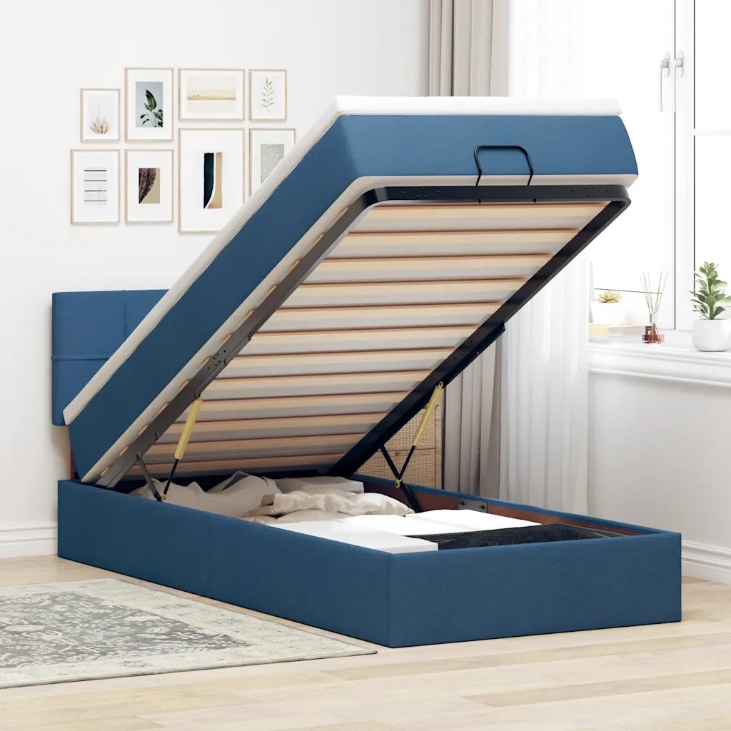 Pouf Letto con Materasso e LED Blu 100x200 cm in Tessuto