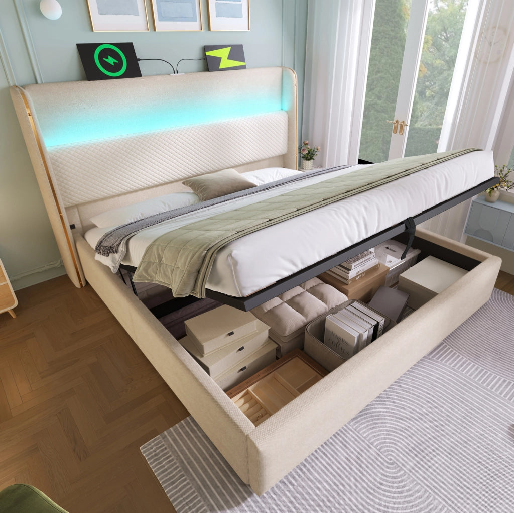 Letto matrimoniale 160x200 con contenitore LED USB-C e materasso