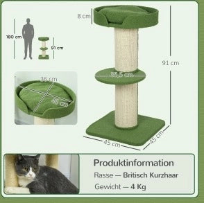 Albero tiragraffi per gatti 91 cm con piattaforma e cuccia, verde