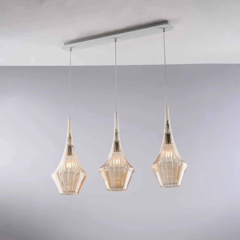 Lampadario Binario Moderno Zeus Metallo Bianco Vetro Ambra 3 Luci E27