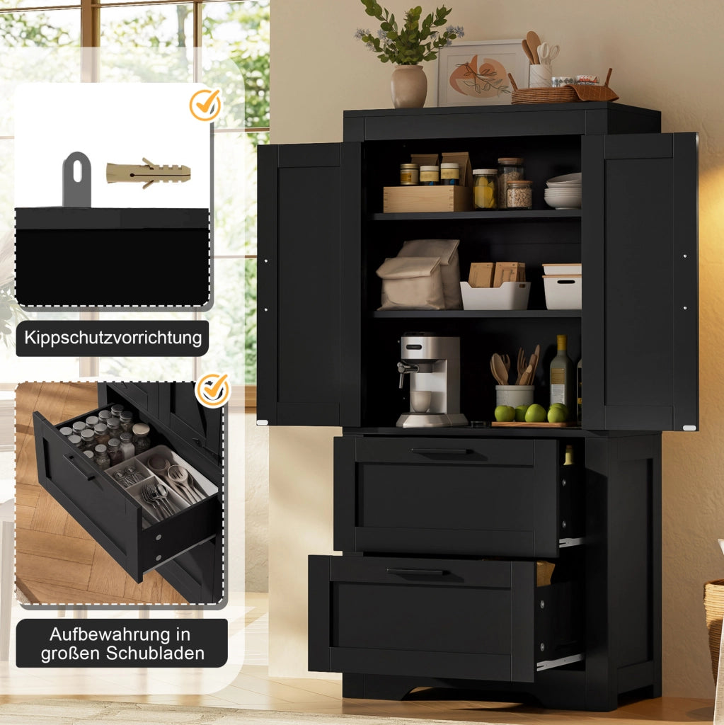 Credenza alta stile rustico con 2 cassetti e ripiani regolabili; MDF; nera