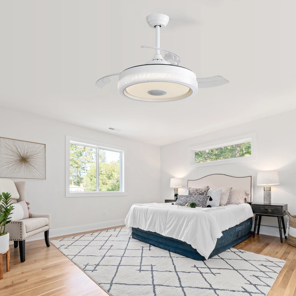 Ventilatore da soffitto RGB con luce LED dimmerabile da 36 W; controllo via app e telecomando Bluetooth bianco